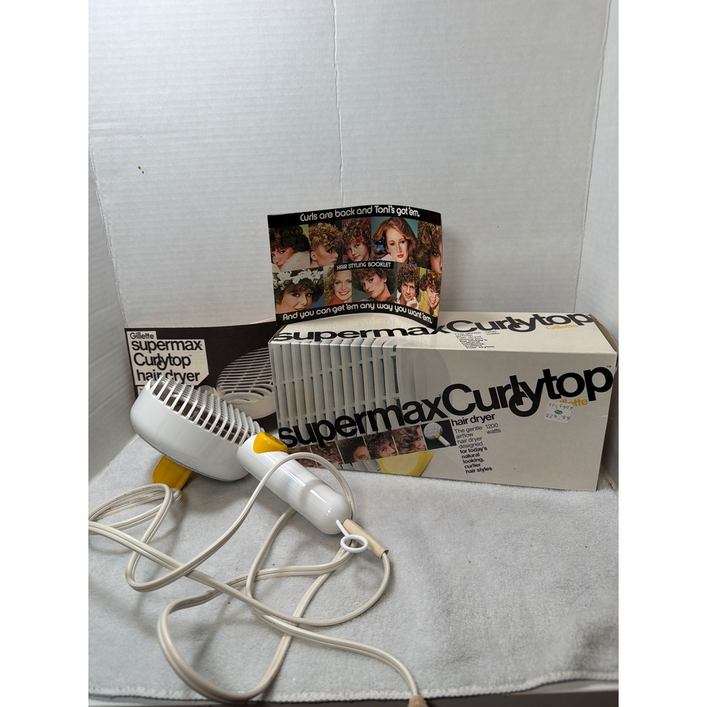 Vintage 1978 Gillette Supermax Curlytop Hair Dryer White Model 9090 1200W w/ box